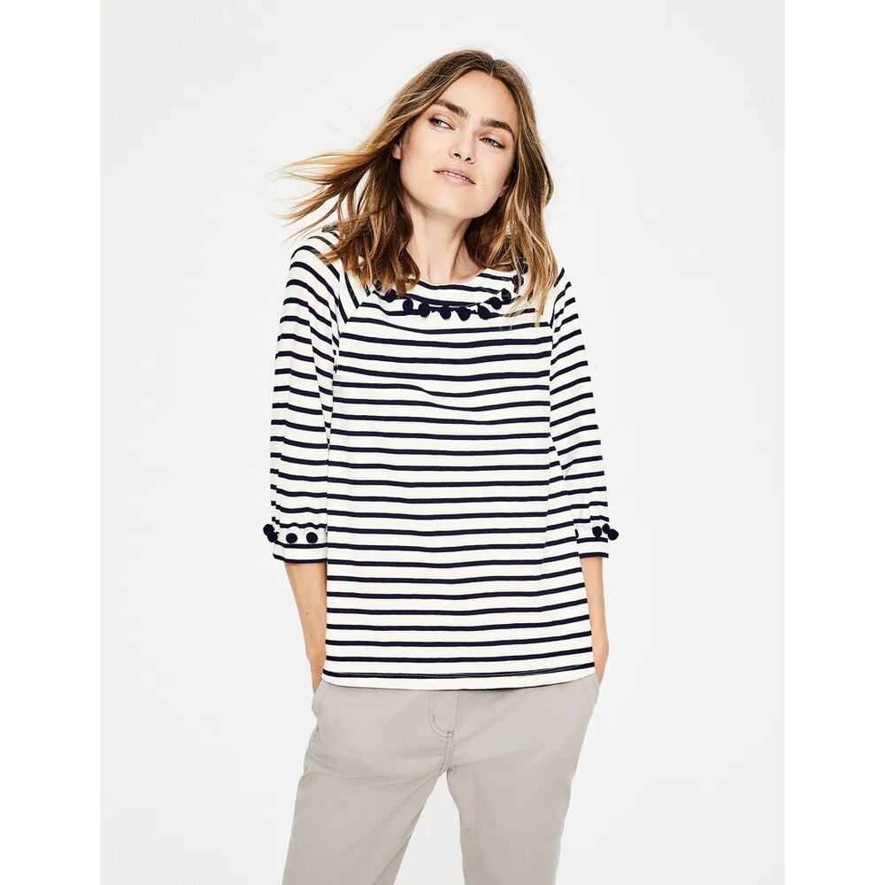 Boden Navy White Striped Pom Pom Boat Neck Rosemary Jersey Top Size 6